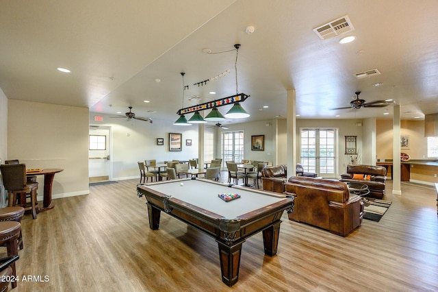 game room with ceiling fan, light hardwood / wood-style flooring, and billiards