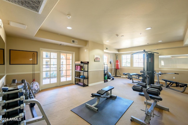 workout area featuring ceiling fan, a raised ceiling, and a wealth of natural light