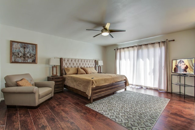 bedroom featuring ceiling fan and dark wood-type flooring