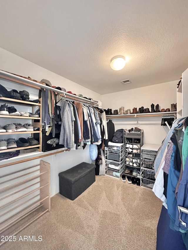walk in closet featuring visible vents and carpet floors