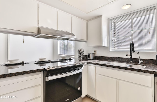 kitchen with white cabinets, under cabinet range hood, stainless steel appliances, and a sink