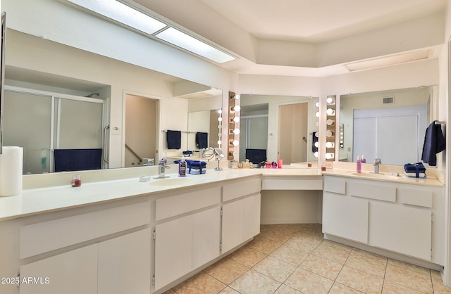 full bathroom with tile patterned flooring, visible vents, a shower stall, and vanity