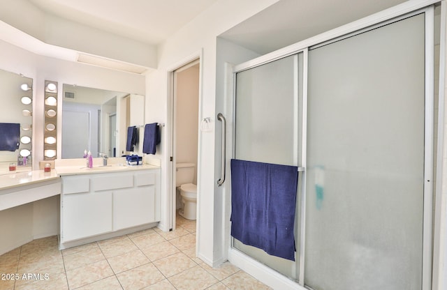 full bathroom featuring a stall shower, visible vents, toilet, tile patterned flooring, and vanity