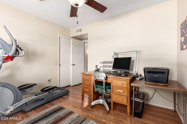 office area featuring wood-type flooring and ceiling fan