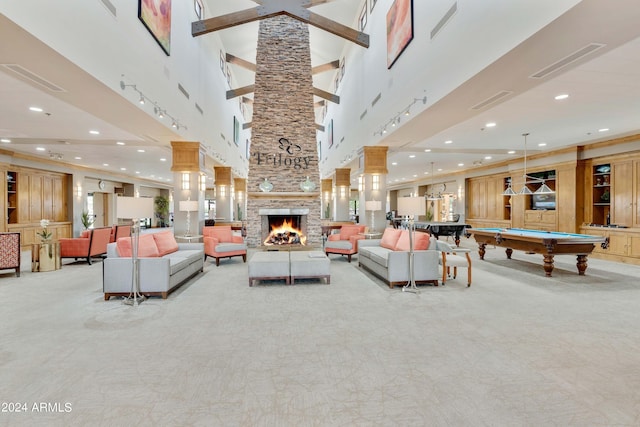 living area featuring visible vents, recessed lighting, a fireplace, and billiards