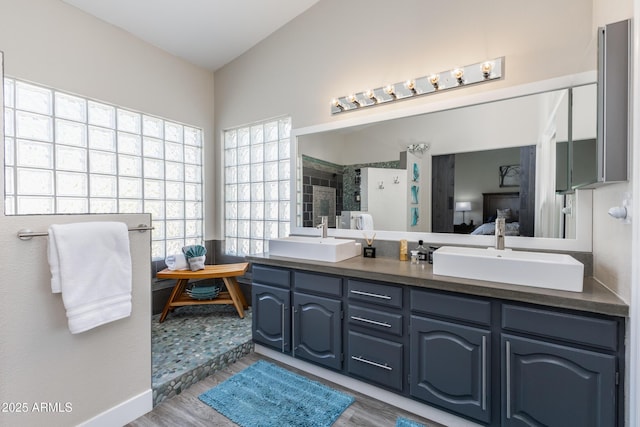 ensuite bathroom with a shower stall, wood finished floors, ensuite bathroom, and a sink