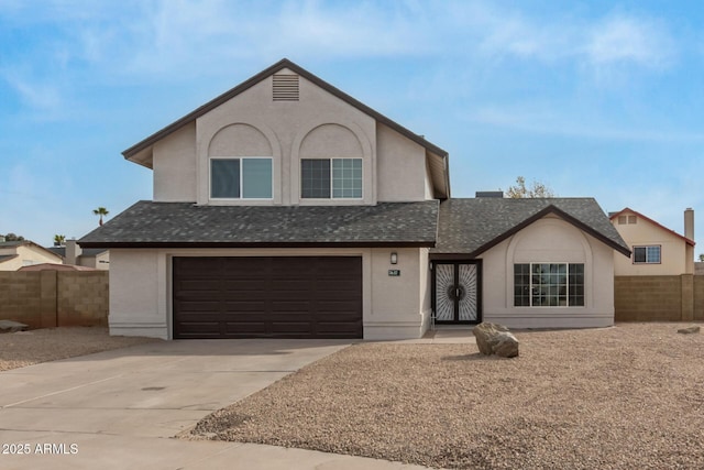 view of front of house featuring fence, a shingled roof, stucco siding, concrete driveway, and a garage