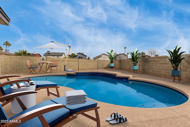 view of pool featuring a patio area, a fenced in pool, and a fenced backyard