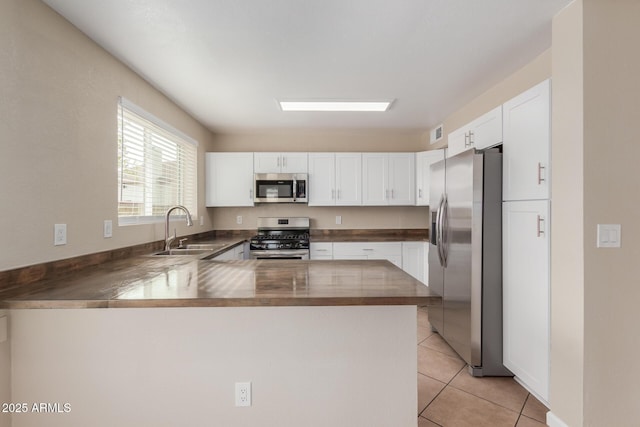 kitchen with a sink, a peninsula, white cabinets, and stainless steel appliances