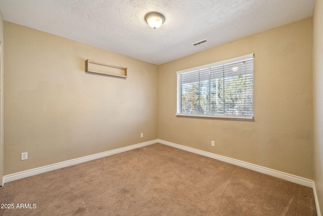 spare room featuring carpet floors and a textured ceiling