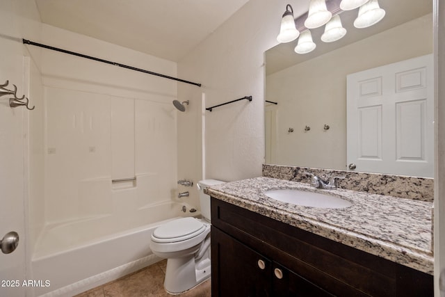 full bathroom featuring shower / bathing tub combination, vanity, tile patterned floors, and toilet