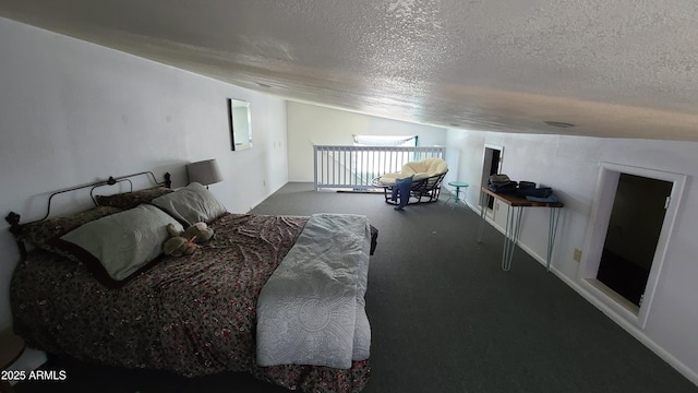 bedroom featuring lofted ceiling, carpet, and a textured ceiling