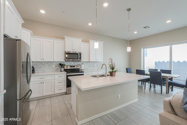 281 E Shamrock Dr, Chandler, AZ 85286 - kitchen featuring appliances with stainless steel finishes, decorative backsplash, white cabinets, decorative light fixtures, and a center island with sink