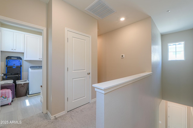 281 E Shamrock Dr, Chandler, AZ 85286 - hall with washer / clothes dryer, light carpet, an upstairs landing, and recessed lighting