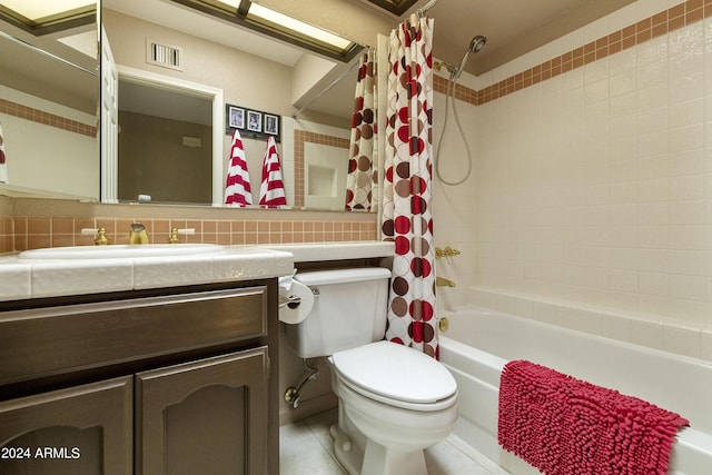 full bathroom with vanity, shower / bath combination with curtain, backsplash, and toilet