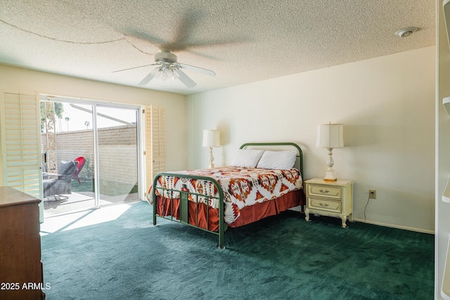 bedroom featuring a textured ceiling, ceiling fan, carpet, and access to exterior