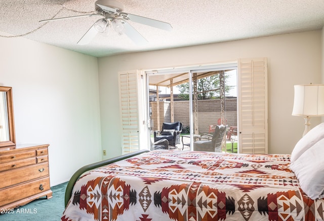 carpeted bedroom with access to exterior, ceiling fan, and a textured ceiling