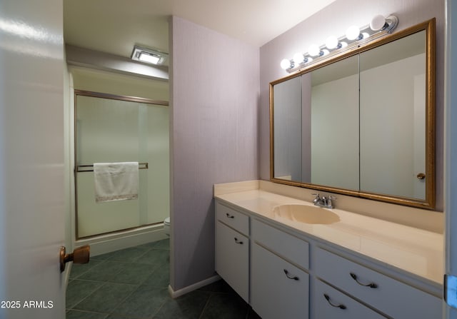 full bath with toilet, tile patterned flooring, vanity, and a shower stall