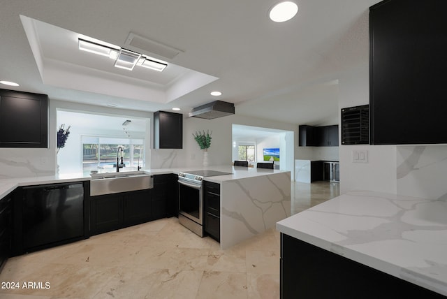 kitchen featuring black dishwasher, sink, stainless steel electric range oven, kitchen peninsula, and a raised ceiling