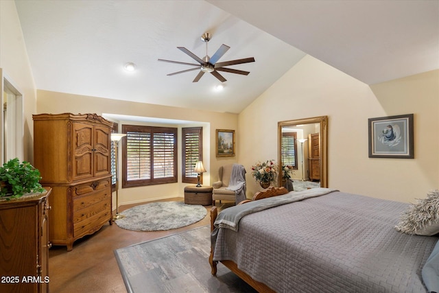 bedroom with a ceiling fan and high vaulted ceiling