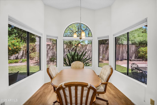 sunroom featuring healthy amount of natural light, wood finished floors, a towering ceiling, and a chandelier