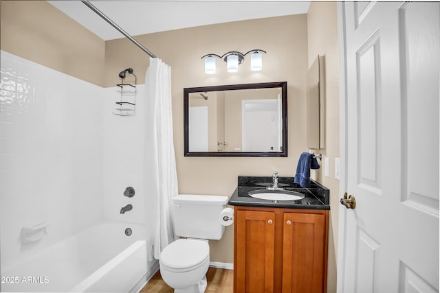 full bath featuring shower / tub combo with curtain, vanity, toilet, and wood finished floors