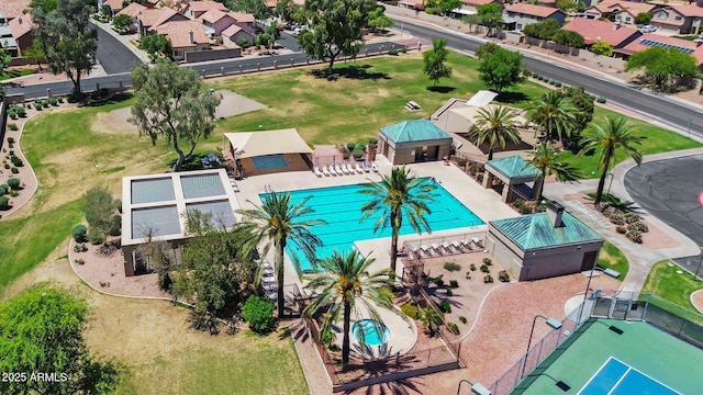 aerial perspective of suburban area with a pool