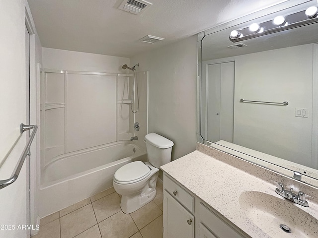 bathroom featuring toilet, shower / bath combination, tile patterned flooring, and visible vents