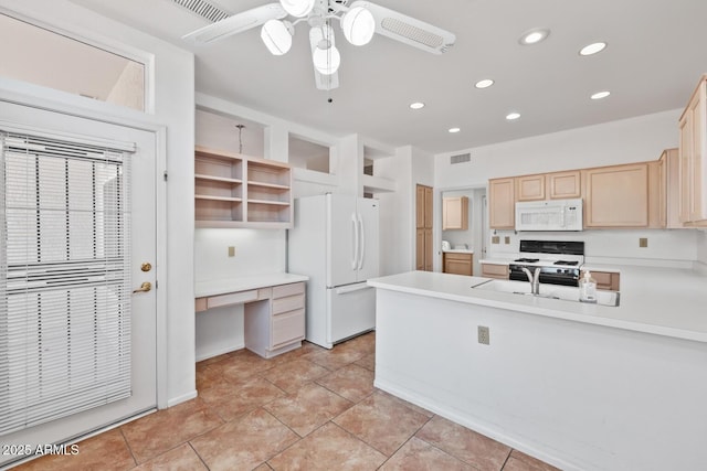 kitchen with light brown cabinets, white appliances, a peninsula, recessed lighting, and visible vents