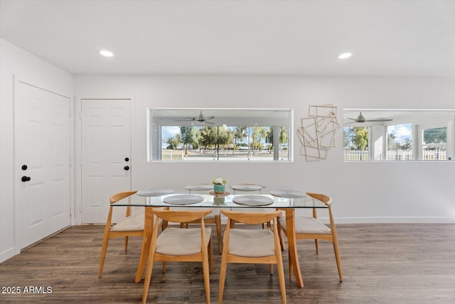 dining space with wood finished floors, recessed lighting, a healthy amount of sunlight, and baseboards