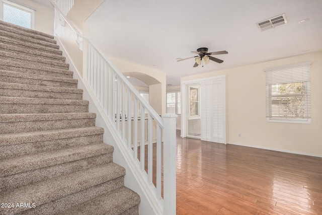 stairway with wood-type flooring, a healthy amount of sunlight, and ceiling fan