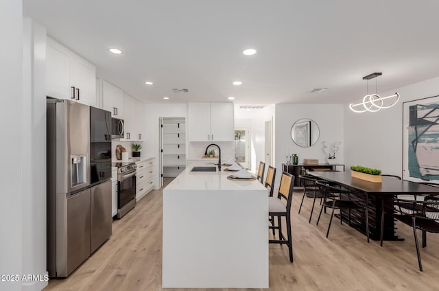 kitchen with pendant lighting, sink, appliances with stainless steel finishes, white cabinetry, and an island with sink