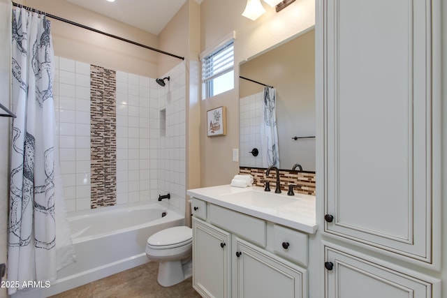 3675 Gold Ridge Rd, Wickenburg, AZ 85390 - full bathroom featuring vanity, shower / tub combo, toilet, decorative backsplash, and tile patterned floors