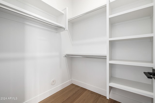 walk in closet with dark hardwood / wood-style flooring