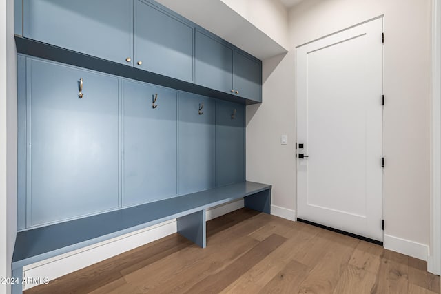 mudroom with light hardwood / wood-style flooring