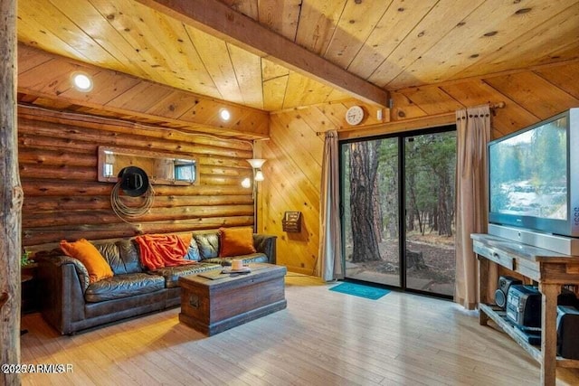 living area featuring wood ceiling, hardwood / wood-style flooring, log walls, and beamed ceiling