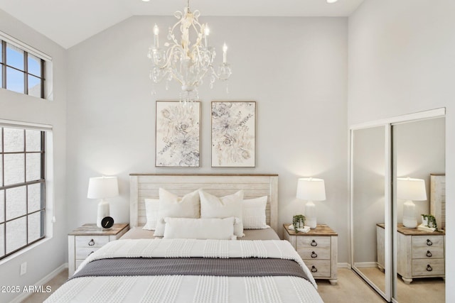 bedroom featuring a chandelier, baseboards, high vaulted ceiling, a closet, and light colored carpet