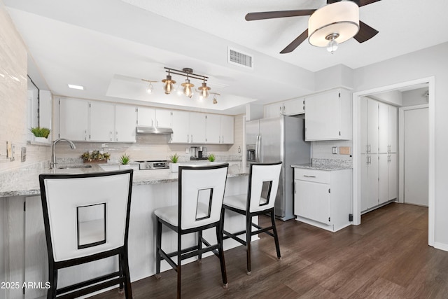 9621 E Calgary Ave, Sun Lakes, AZ 85248 - kitchen featuring stainless steel appliances, under cabinet range hood, a peninsula, tasteful backsplash, and ceiling fan