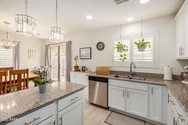1874 E Mesquite Ave, Apache Junction, AZ 85119 - kitchen featuring stainless steel dishwasher, a sink, a chandelier, recessed lighting, and white cabinetry