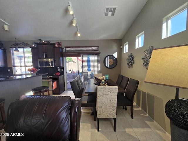 dining space featuring a wealth of natural light, track lighting, and light tile patterned floors