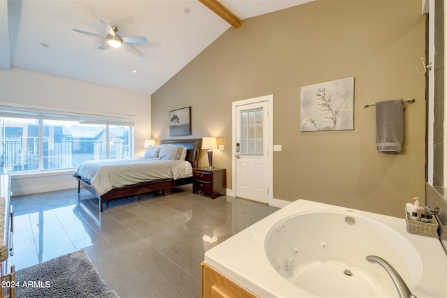 tiled bedroom featuring ceiling fan, beam ceiling, and high vaulted ceiling