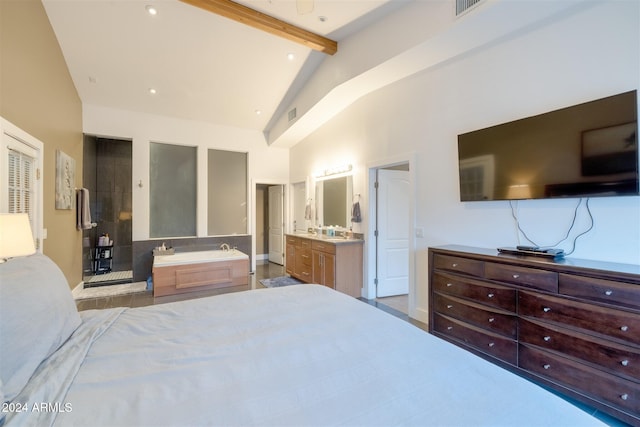 bedroom featuring beam ceiling, ensuite bathroom, and high vaulted ceiling