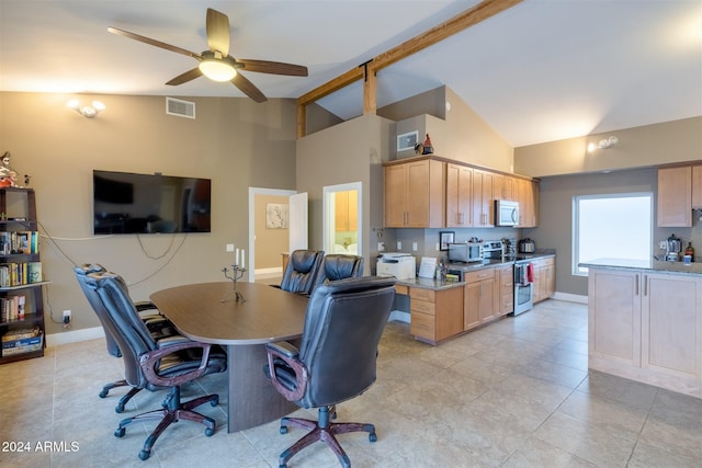 tiled office space with beamed ceiling, ceiling fan, and high vaulted ceiling