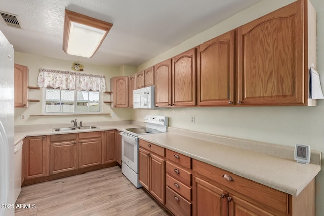2003 W Tyson St, Chandler, AZ 85224 - kitchen featuring visible vents, open shelves, a sink, light wood finished floors, and white appliances
