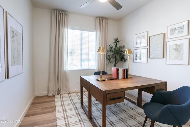 office space with ceiling fan and light wood-type flooring