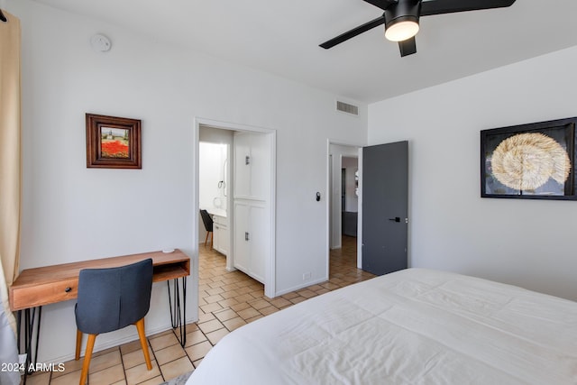 bedroom featuring ceiling fan and light tile patterned flooring