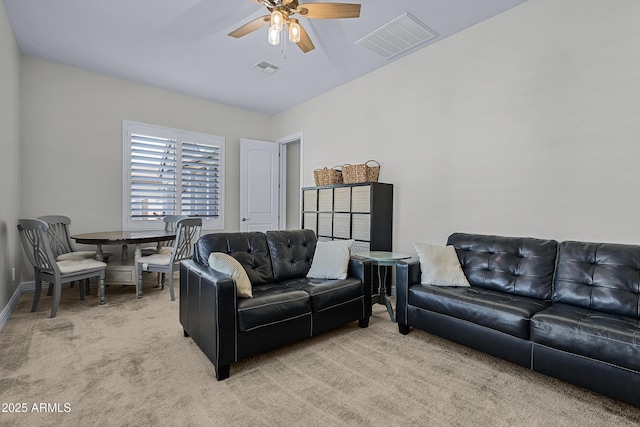1439 E Mead Dr, Gilbert, AZ 85298 - living room with light carpet, ceiling fan, and baseboards