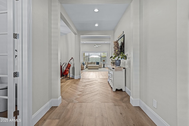 1439 E Mead Dr, Gilbert, AZ 85298 - hallway with baseboards, recessed lighting, and parquet flooring
