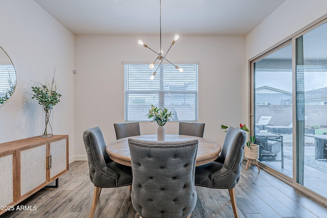 dining room with an inviting chandelier, wood finished floors, and baseboards