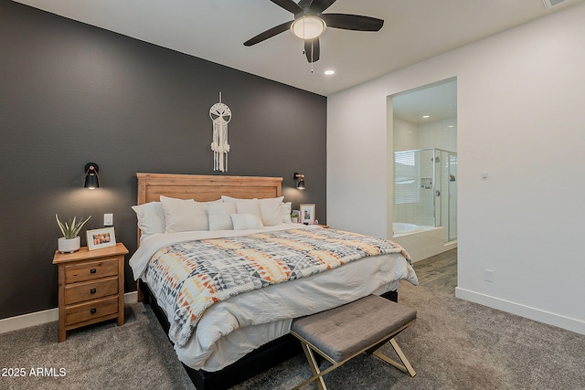 carpeted bedroom with connected bathroom, baseboards, visible vents, and ceiling fan